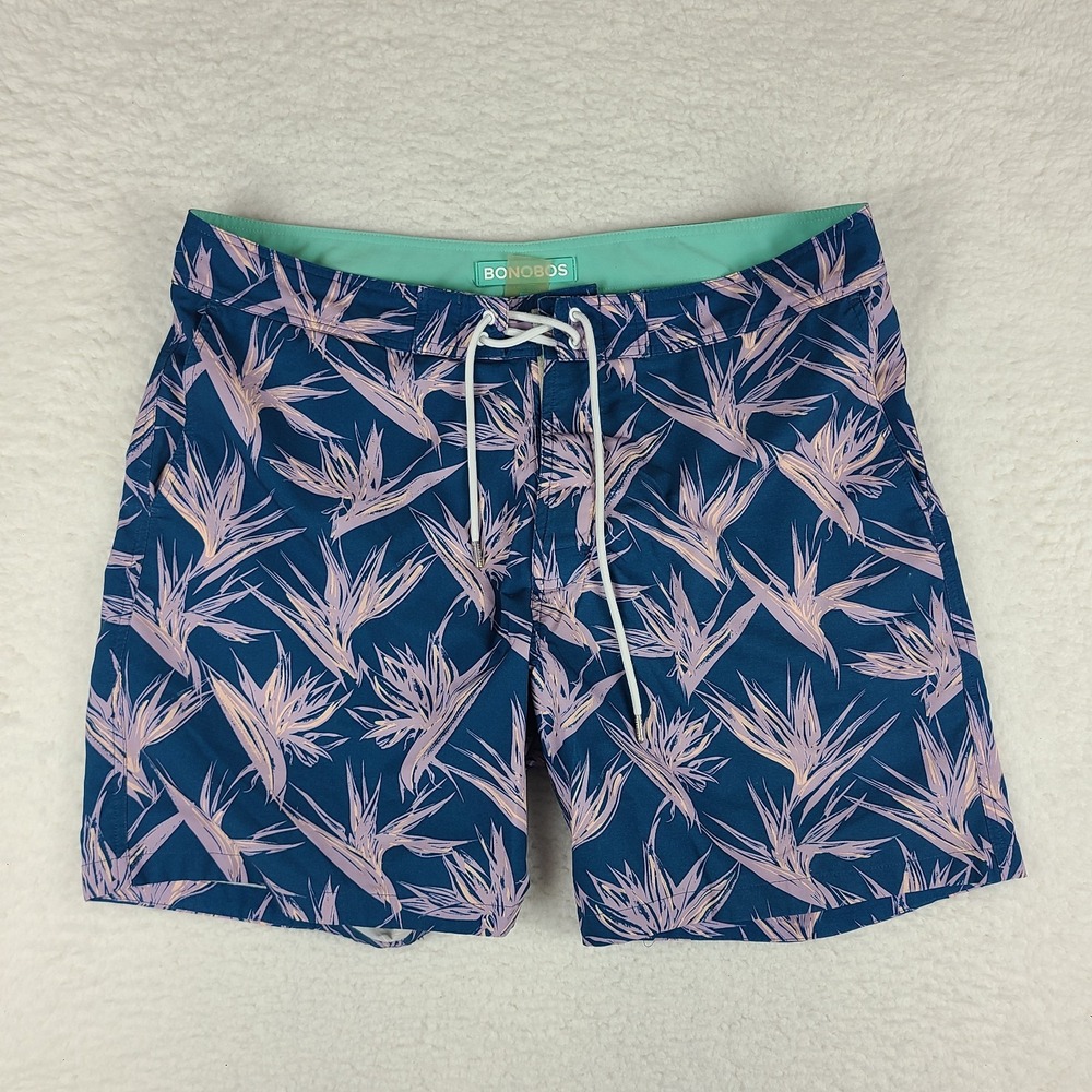 Bonobos Swimming Trunks Shorts Mens 35 Blue‎ Purple Floral 7" Drawstring